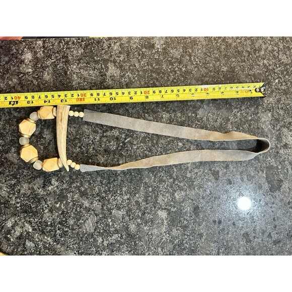 Bone Pendant Necklace Wooden Beaded Suede Strap Tribal Statement Mint Beige - Picture 2 of 3